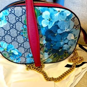 GG Supreme Monogram Blooms Mini Chain Shoulder Bag Beige Blue Navy Hibiscus Red